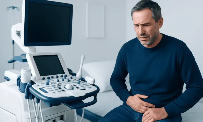 Man experiencing abdominal pain during a medical examination with ultrasound equipment.