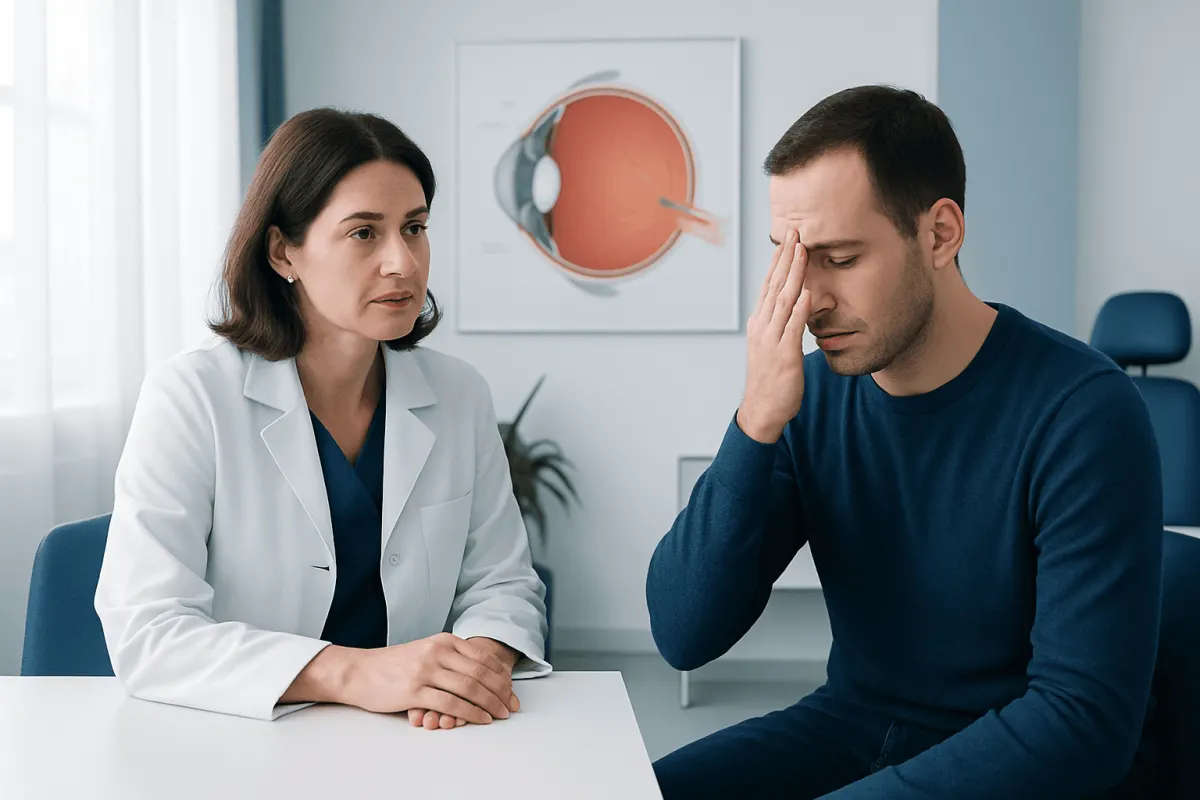 Patient consulting with doctor about eye health and retina issues.