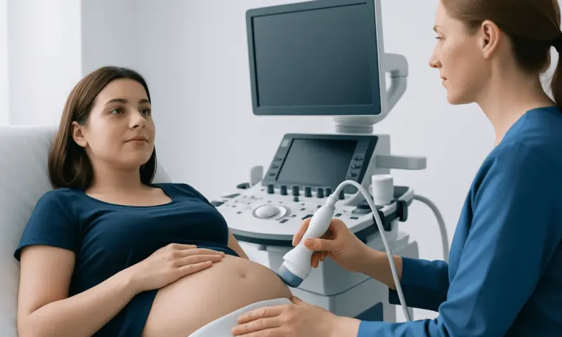 Pregnant woman undergoing ultrasound examination at Acibadem Hospital.