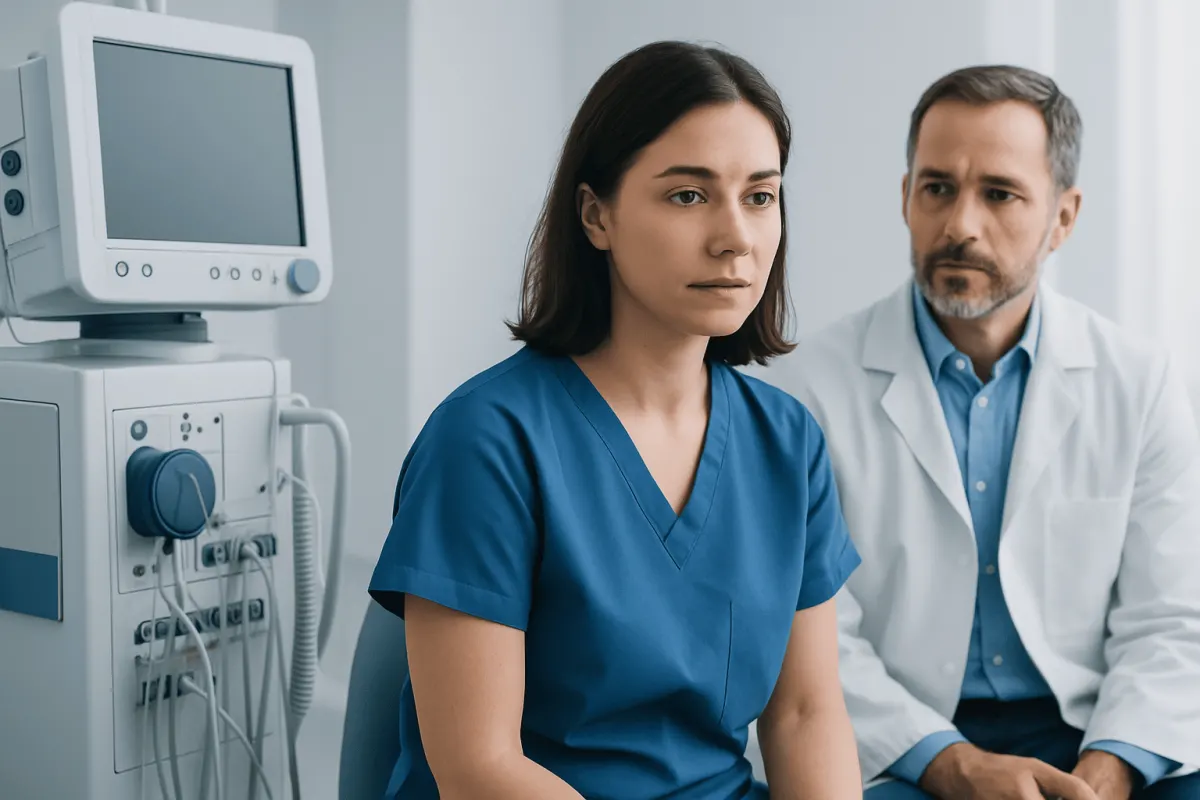 Medical consultation with a female nurse and male doctor in a hospital setting.