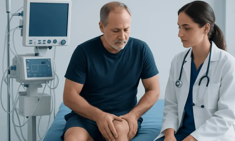 Doctor examining patient's knee in hospital setting for blood clot symptoms.