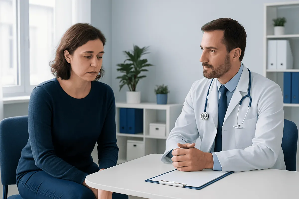 Doctor consulting with a woman in a medical office setting.