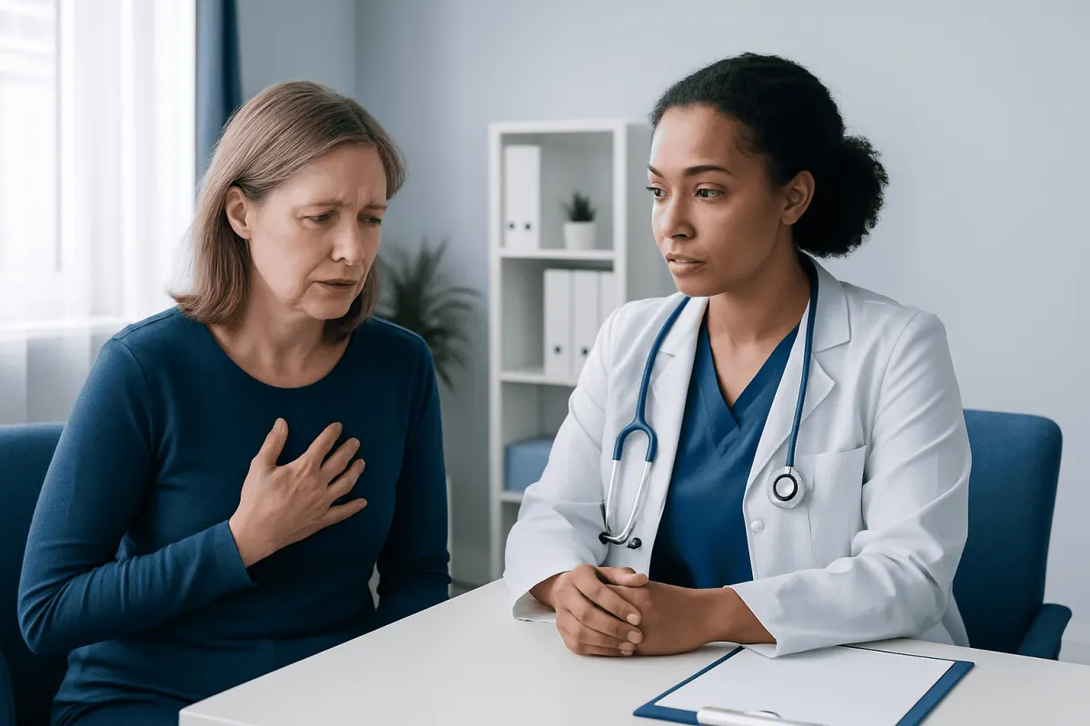 Doctor consulting with a patient about health concerns in a medical office.