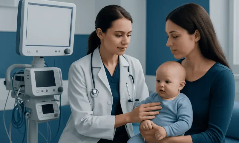Pediatric consultation at a hospital with a doctor, mother, and baby in a clinical setting.