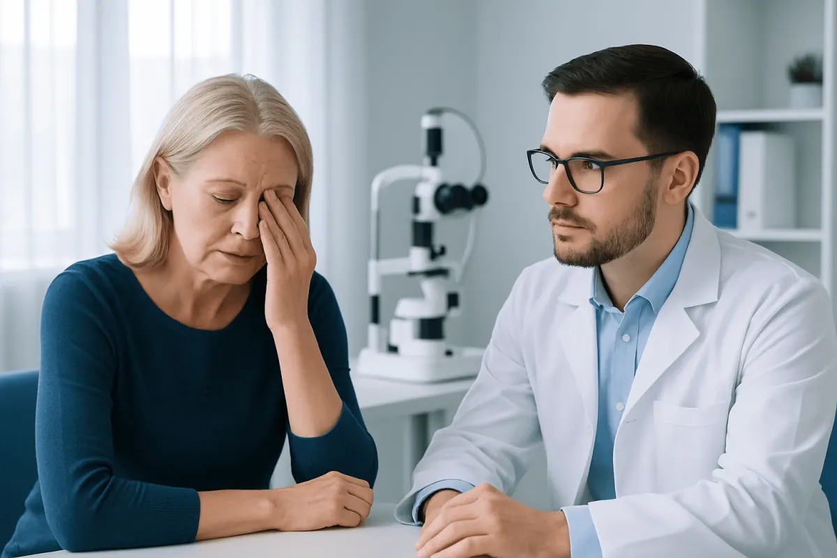 Doctor consulting with an elderly woman experiencing eye discomfort.