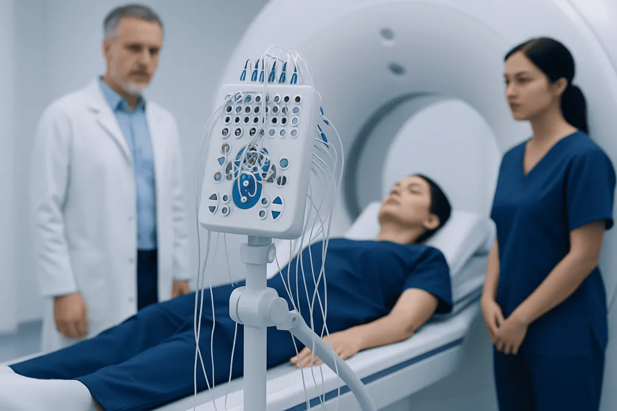 Patient undergoing MRI scan at Acibadem Hospital with medical staff present.