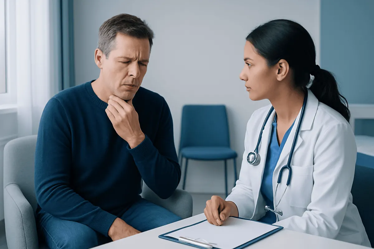 Doctor consulting with a patient about throat issues in a clinic setting.