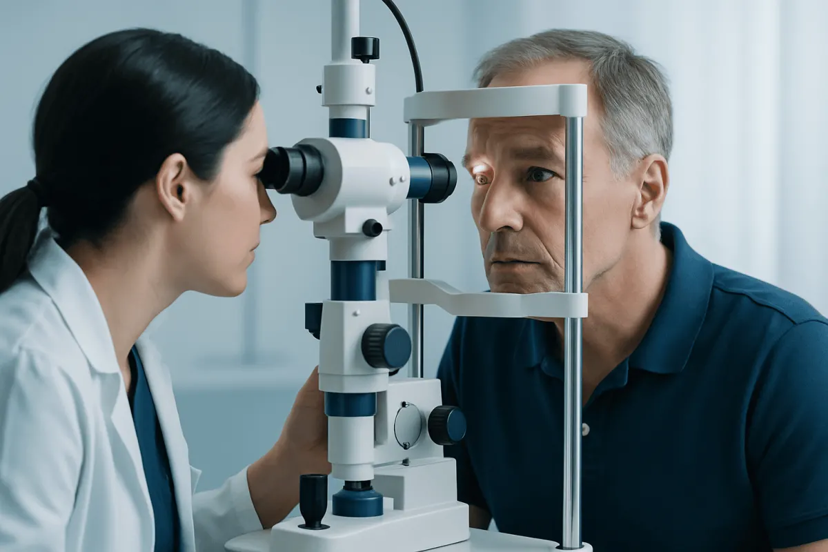 Ophthalmologist examining patient's eye with slit lamp in clinic.