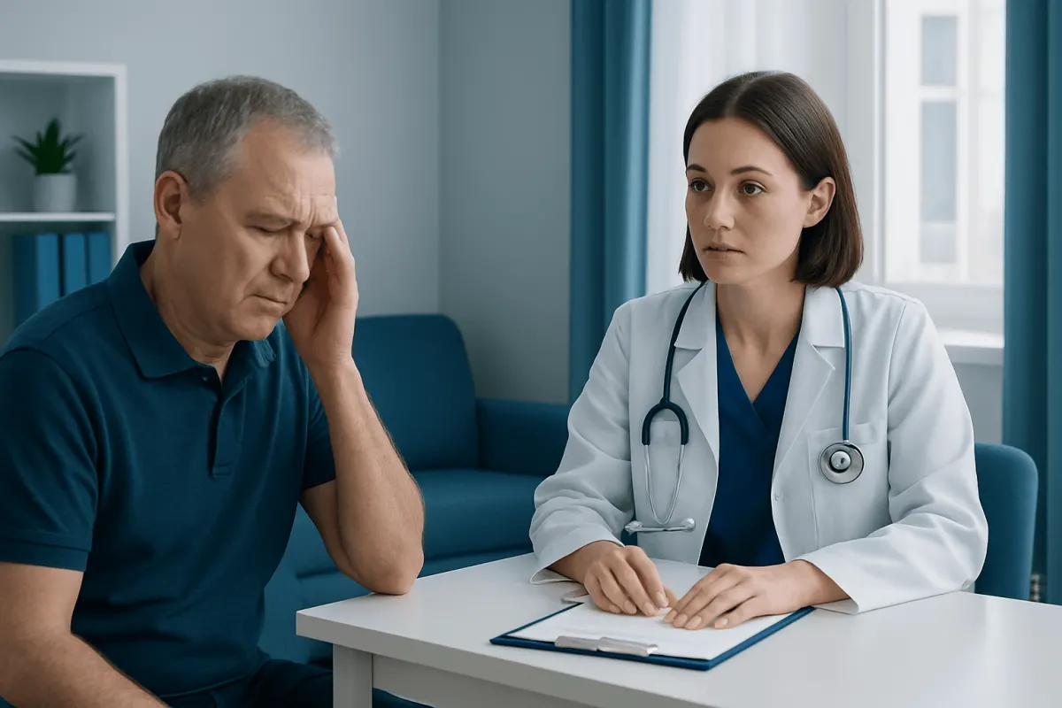 Doctor consulting with a patient about stroke symptoms and treatment options.