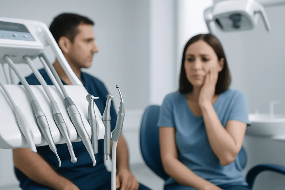 Dentist examining patient with dental tools in a clinic setting.