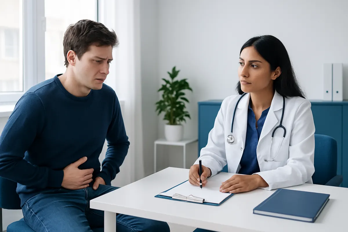 Patient consulting with a doctor about abdominal pain in a medical office.