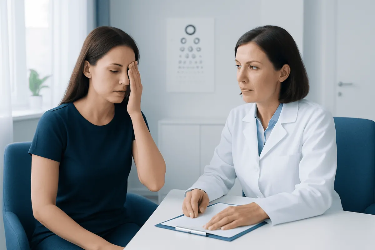 Woman experiencing eye discomfort during eye exam at Acibadem Hospital.