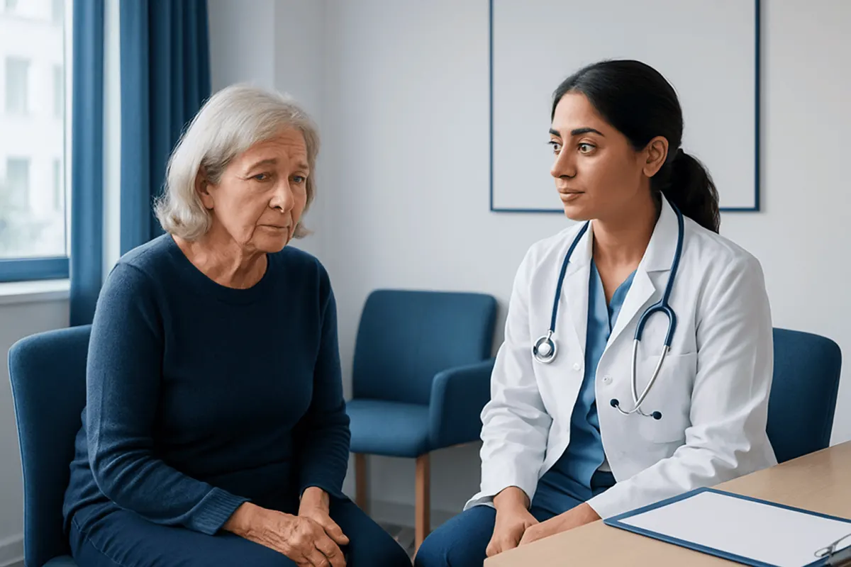 Doctor consulting with elderly woman in a medical office setting.