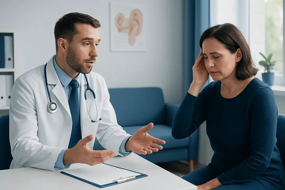 Doctor explaining ear health to a patient during consultation.