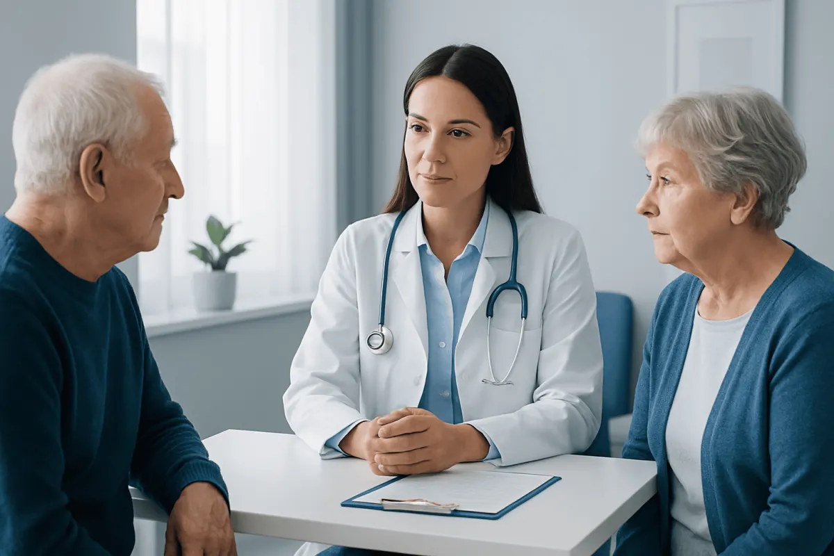 Doctor consulting with elderly patients in a medical office setting.
