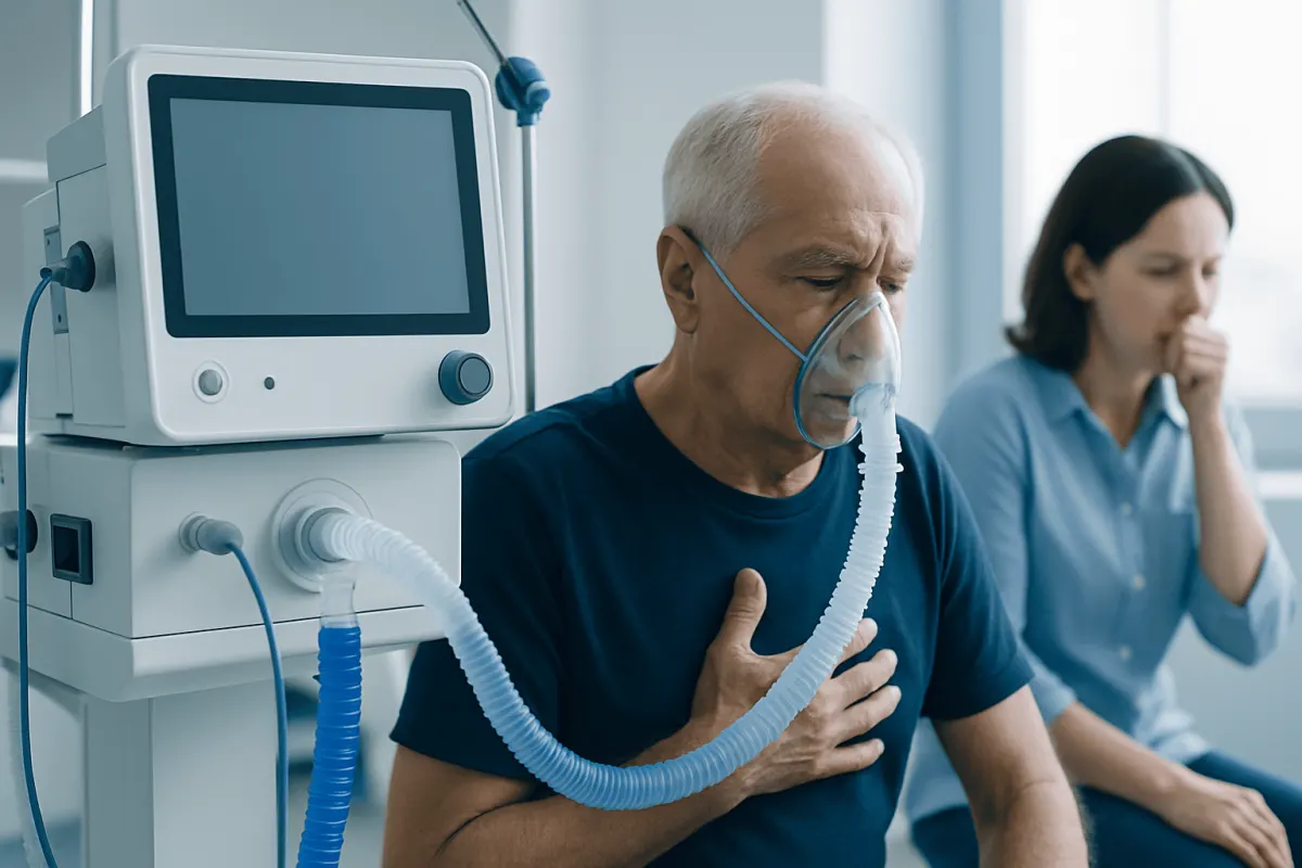 Elderly man using oxygen therapy in a hospital setting.