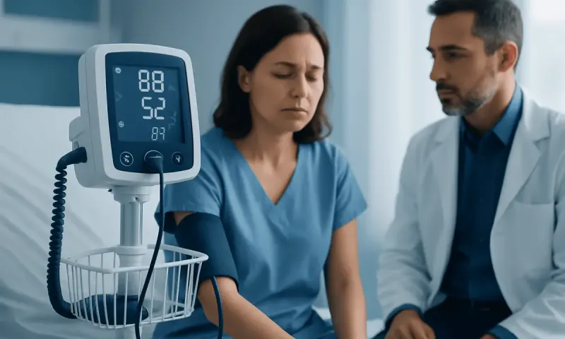 Patient with low blood pressure monitored by healthcare professional in hospital.