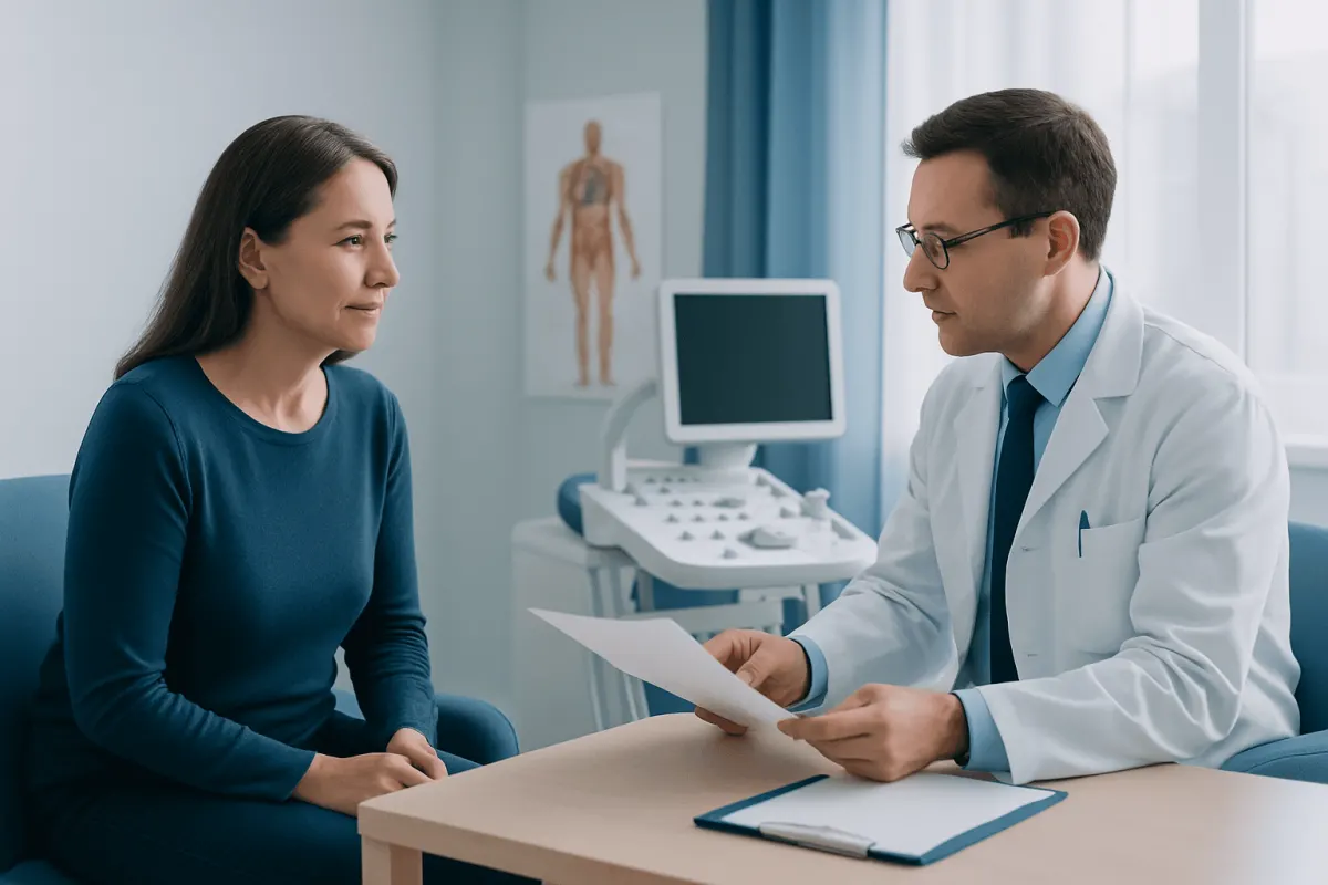 Doctor consulting with a female patient in a medical office setting.