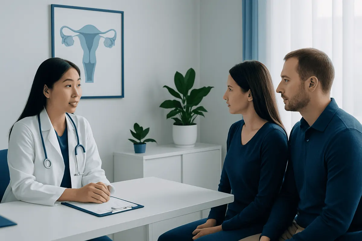 Doctor consulting with a couple about fertility options at Acibadem Hospitals.