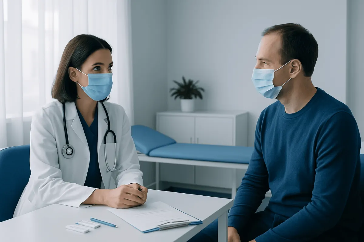 Doctor and patient wearing masks during consultation at Acibadem Hospital.