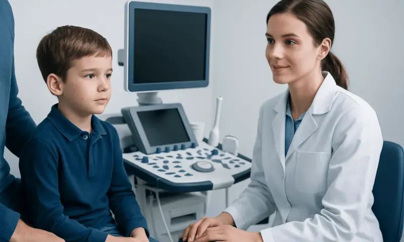Child undergoing autism assessment with a healthcare professional in a clinic.