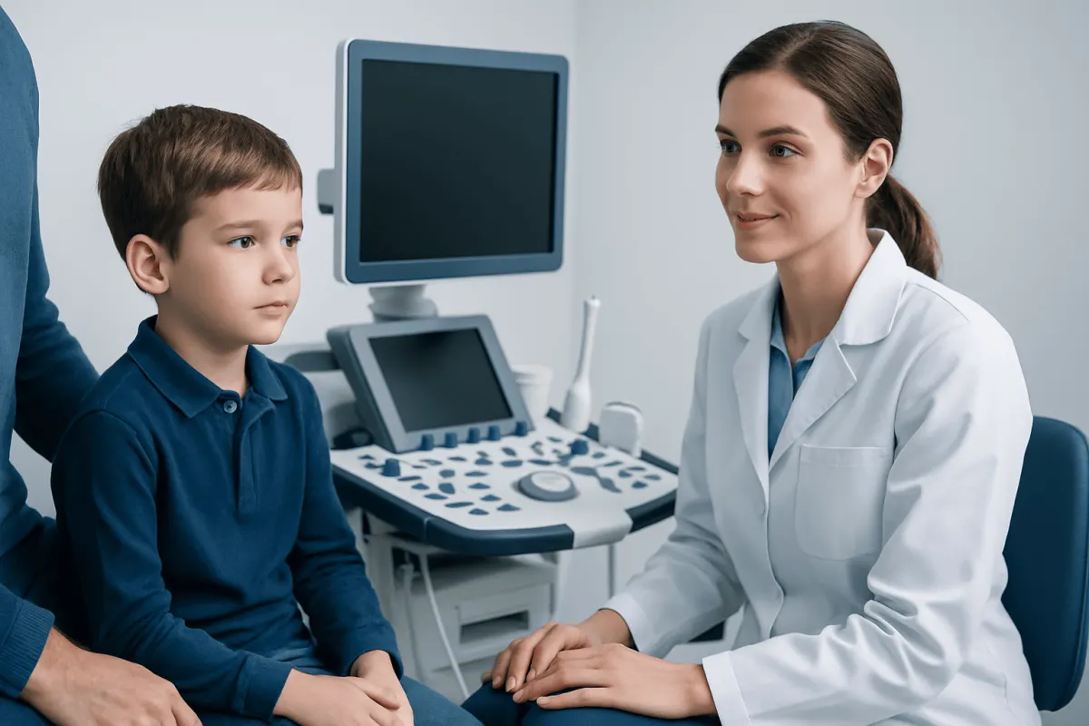 Child undergoing autism assessment with a healthcare professional in a clinic.