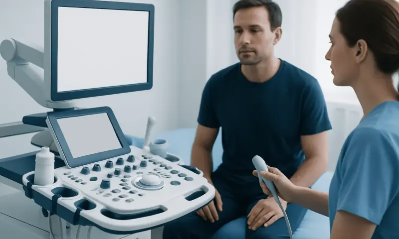 Doctor and patient during a medical consultation with ultrasound equipment.