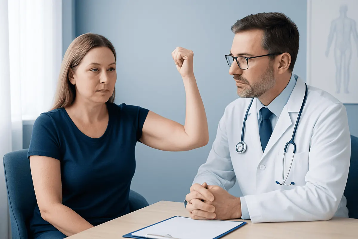 Doctor consulting with a woman about arm health or surgery options.
