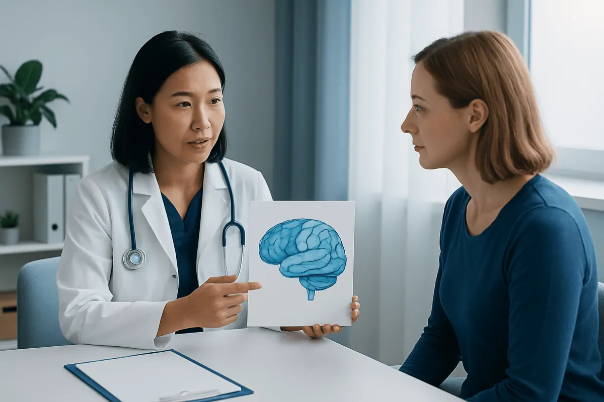 Doctor explaining brain diagram to patient in consultation room.