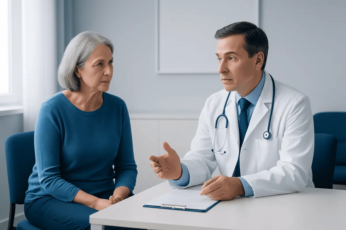 Doctor consulting with an elderly female patient in a medical office.