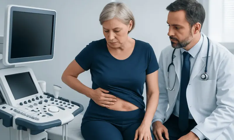 Doctor examining a woman with abdominal pain in a clinical setting.
