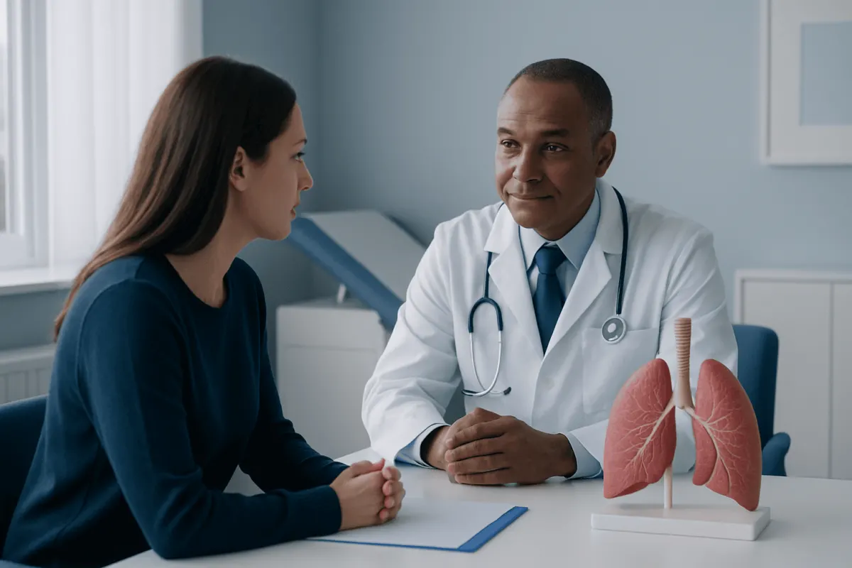 Doctor consulting patient with lung model in hospital.