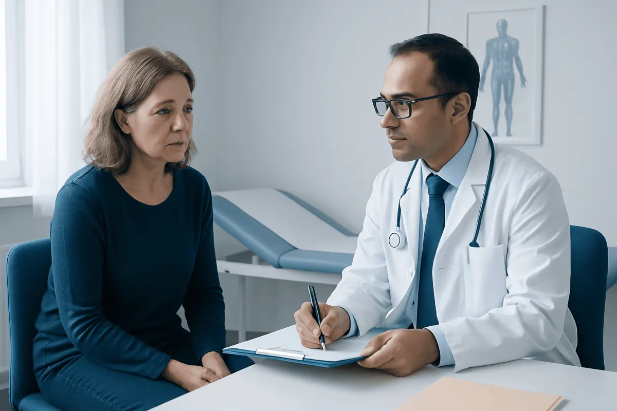 Doctor consulting with a middle-aged woman in a medical office setting.