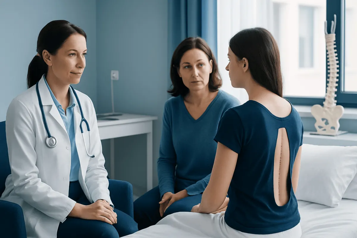 Doctor consulting patient about scoliosis treatment in hospital room.