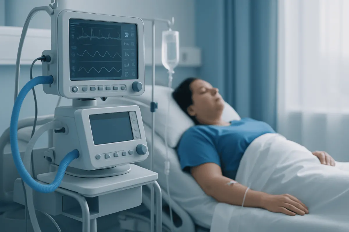 Patient resting in hospital bed with monitoring equipment after gastric sleeve surgery.