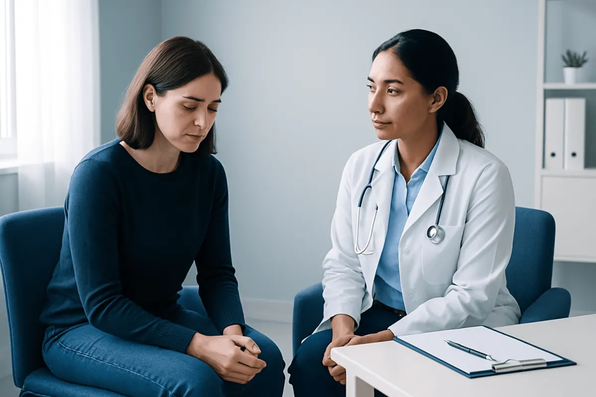 Compassionate doctor listening to a patient in a consultation room.