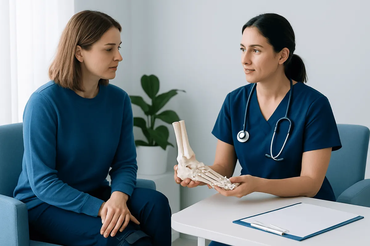 Medical consultation with a doctor explaining foot anatomy to a patient.
