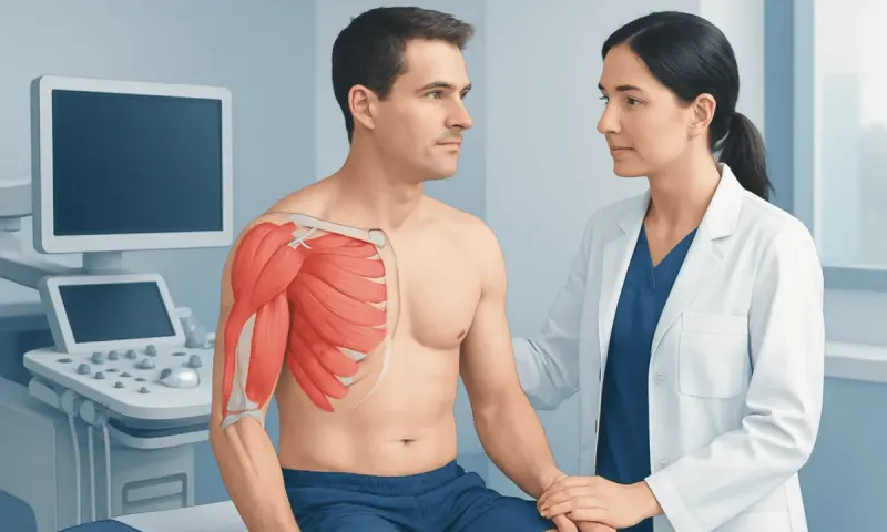 Doctor examining patient's shoulder muscles in a clinical setting.