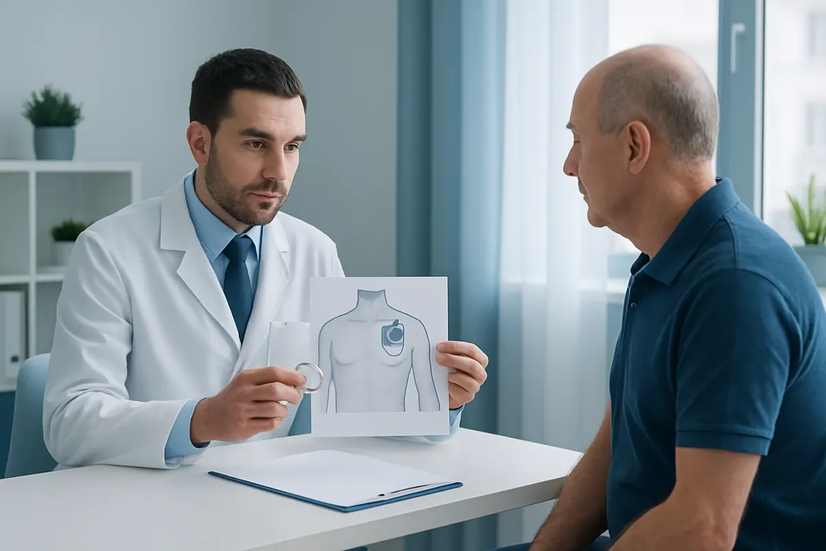 Doctor explaining implantable defibrillator to patient with diagram.