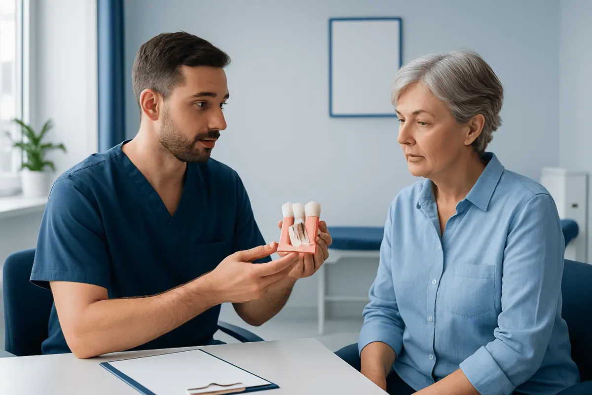 Dentist explaining dental implant options to an elderly woman in a clinic.
