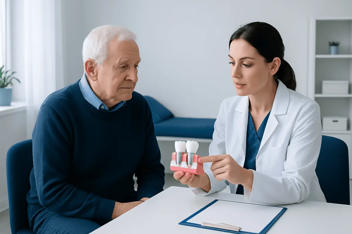 Dentist explaining dental implants to senior patient in clinic.