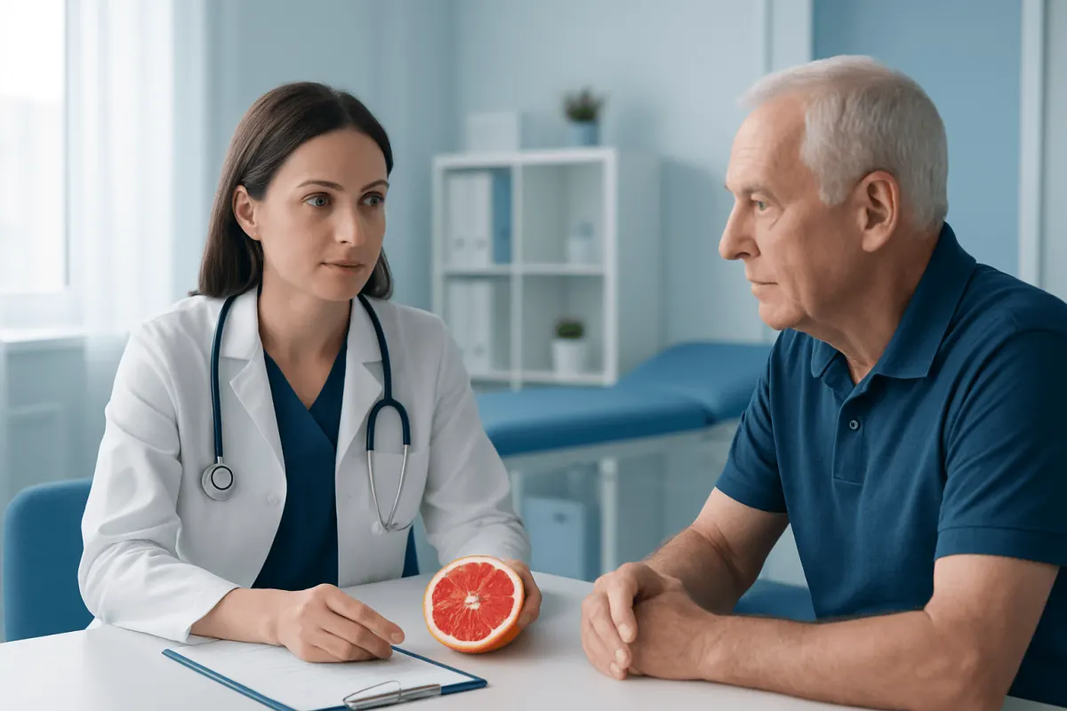 Doctor consulting with an elderly male patient about health in a clinic setting.