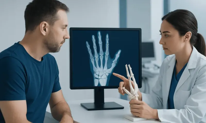 Doctor explaining hand bones to patient with X-ray image in background.