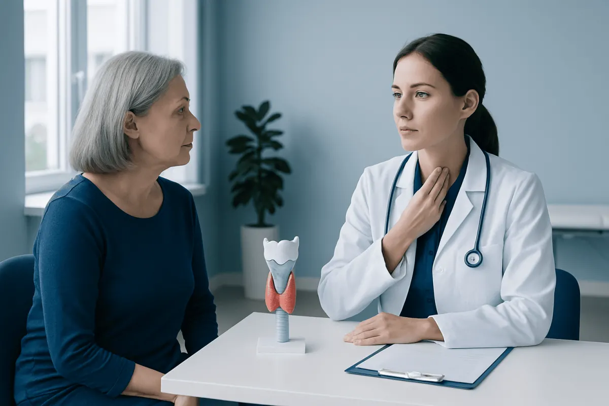 Doctor consulting with an elderly woman about thyroid health.