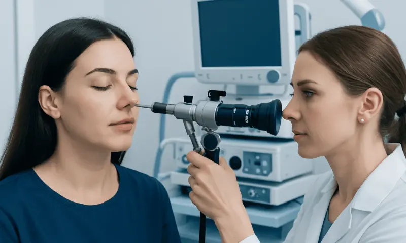 Otolaryngologist examining a patient's nasal cavity with an endoscope.