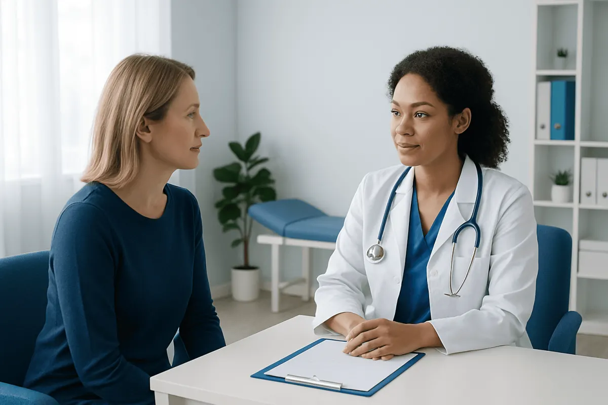 Doctor consulting with a patient in a modern medical office.
