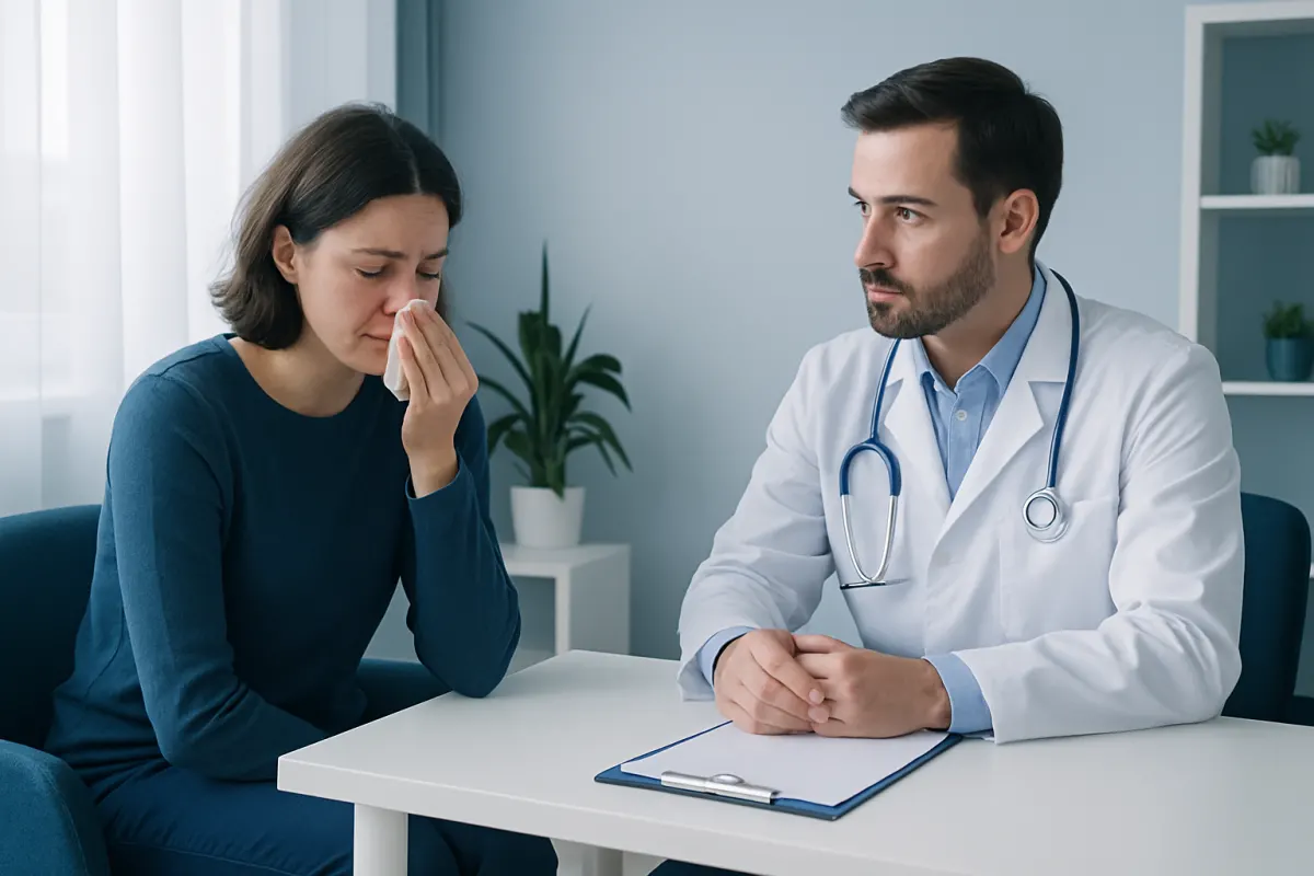 Patient experiencing nosebleed during consultation at Acibadem Hospital.
