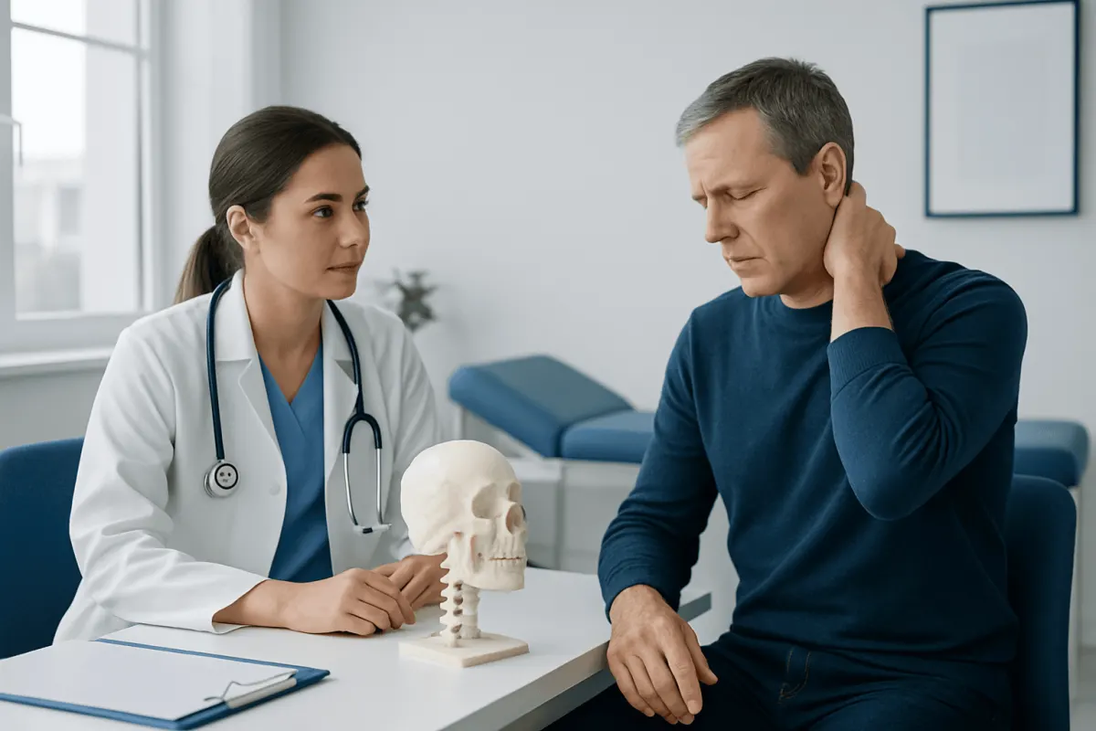 Doctor explaining skull anatomy to a patient in a medical consultation.