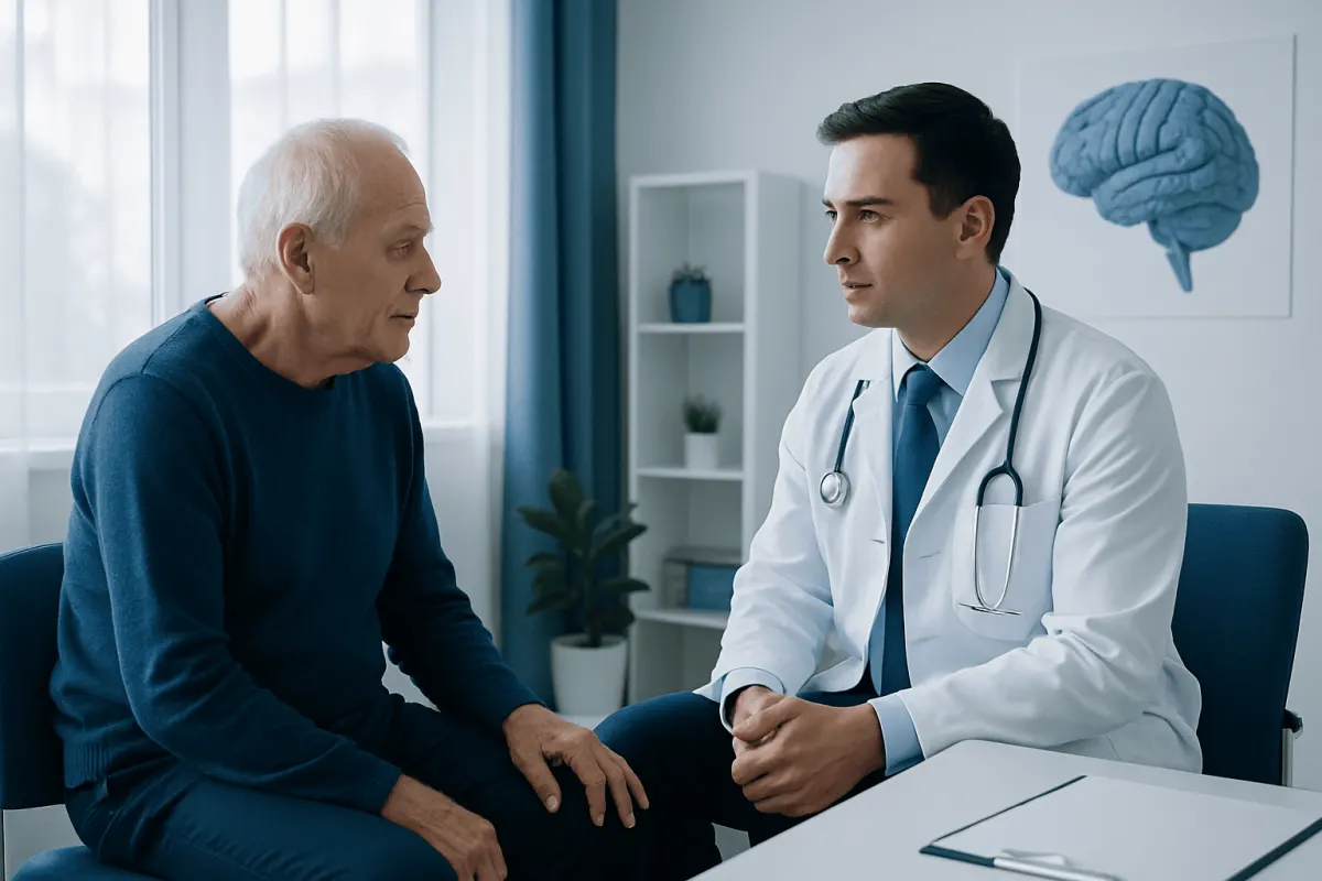 Doctor consulting with elderly patient in a medical office.