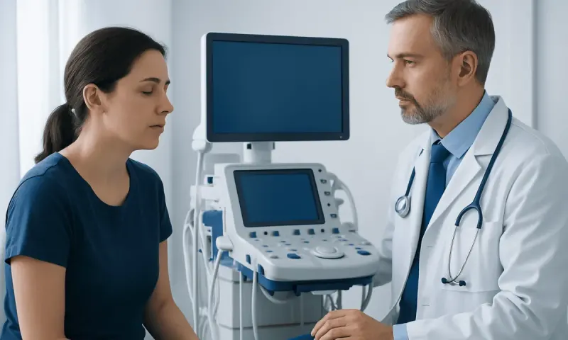 Doctor consulting a patient in a medical examination room with ultrasound equipment.